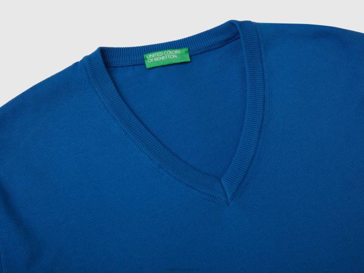 Heren Benetton trui met v-hals van zuiver katoen helderblauw 4R621110