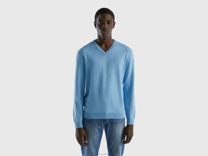 Heren Benetton trui met v-hals van zuiver katoen lichtblauw 4R621127