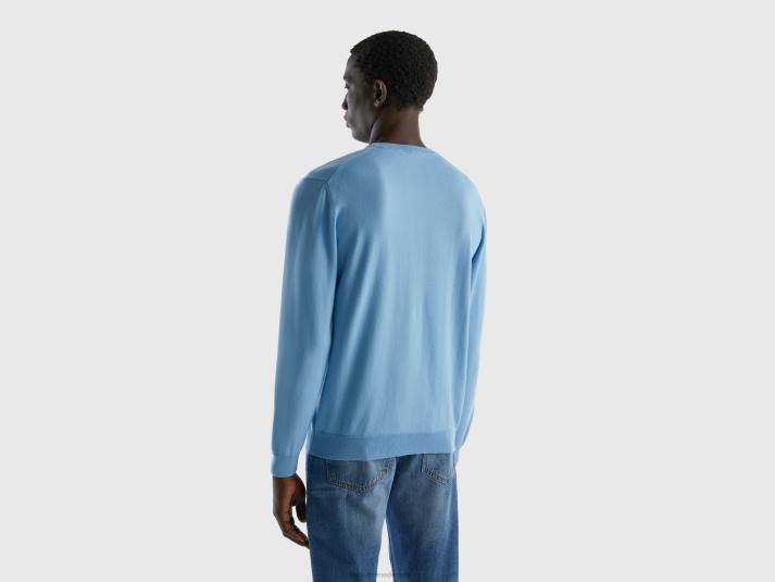 Heren Benetton trui met v-hals van zuiver katoen lichtblauw 4R621127