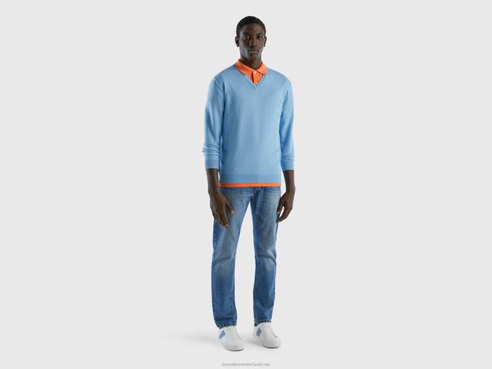 Heren Benetton trui met v-hals van zuiver katoen lichtblauw 4R621127