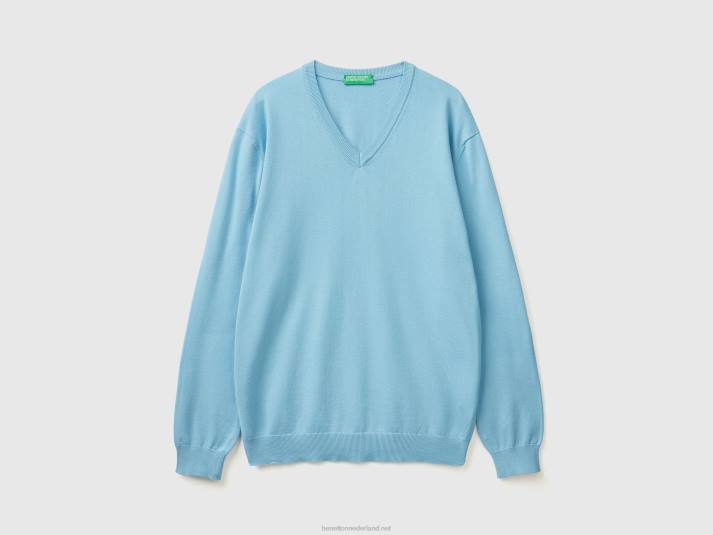 Heren Benetton trui met v-hals van zuiver katoen lichtblauw 4R621127