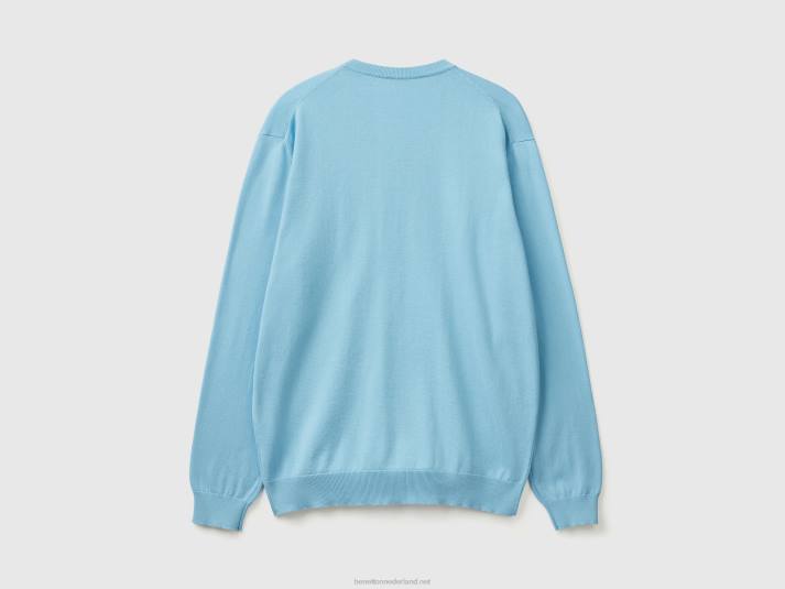 Heren Benetton trui met v-hals van zuiver katoen lichtblauw 4R621127