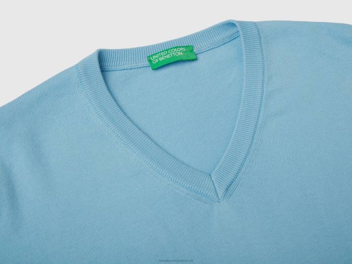 Heren Benetton trui met v-hals van zuiver katoen lichtblauw 4R621127