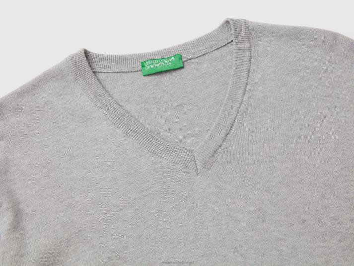 Heren Benetton trui met v-hals van zuiver katoen lichtgrijs 4R621165