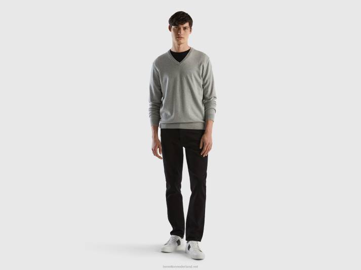 Heren Benetton trui met v-hals van zuiver katoen lichtgrijs 4R624418