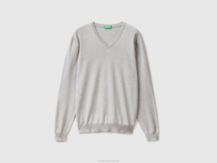 Heren Benetton trui met v-hals van zuiver katoen lichtgrijs 4R624418
