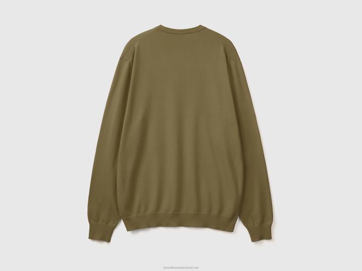 Heren Benetton trui met v-hals van zuiver katoen militair groen 4R621142