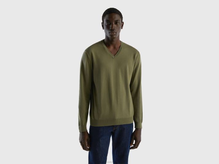 Heren Benetton trui met v-hals van zuiver katoen militair groen 4R624360