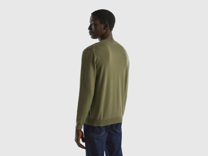 Heren Benetton trui met v-hals van zuiver katoen militair groen 4R624360