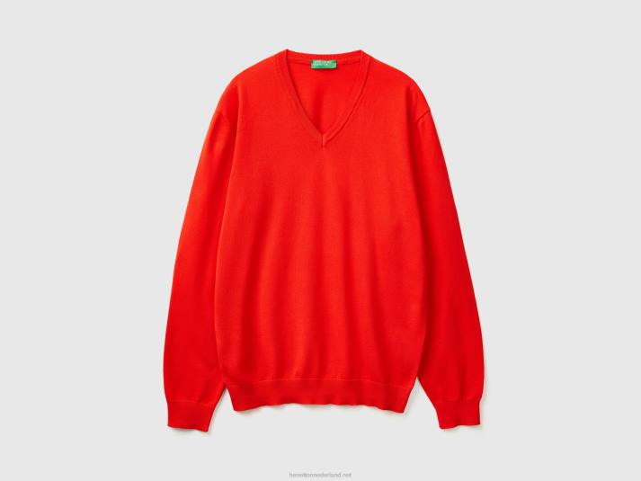 Heren Benetton trui met v-hals van zuiver katoen rood 4R621141