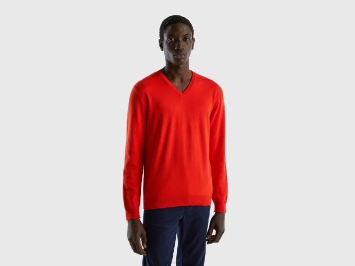 Heren Benetton trui met v-hals van zuiver katoen rood 4R624378