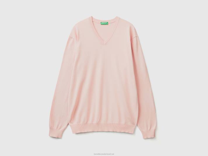 Heren Benetton trui met v-hals van zuiver katoen zacht roze 4R621131