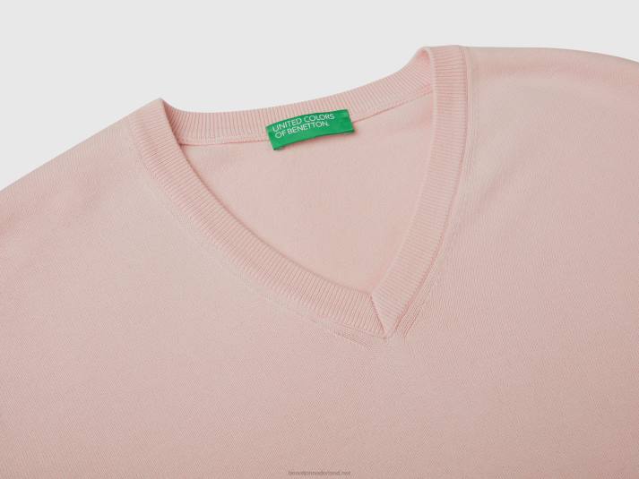 Heren Benetton trui met v-hals van zuiver katoen zacht roze 4R621131