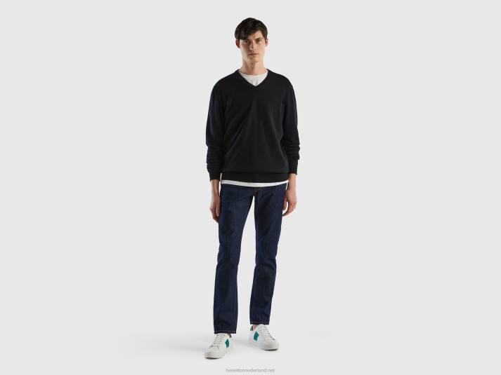 Heren Benetton trui met v-hals van zuiver katoen zwart 4R624408