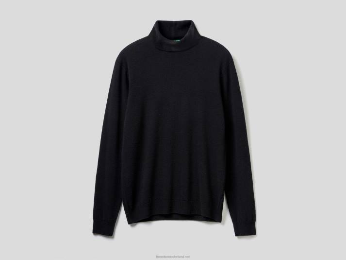 Heren Benetton zwarte coltrui van zuivere merinowol zwart 4R624413
