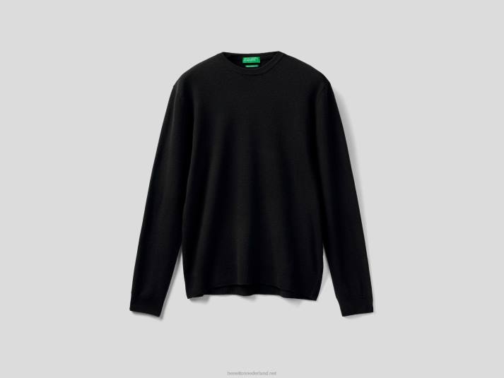 Heren Benetton zwarte trui met ronde hals van zuivere merinowol zwart 4R626036