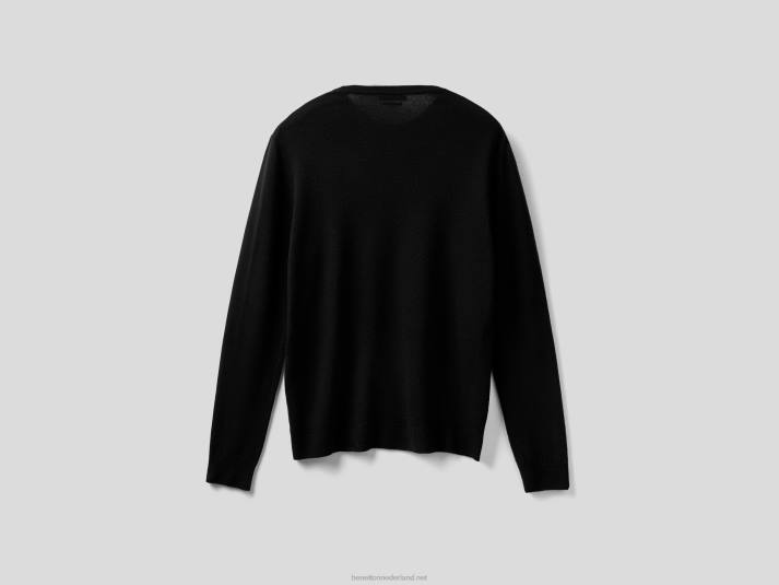Heren Benetton zwarte trui met ronde hals van zuivere merinowol zwart 4R626036