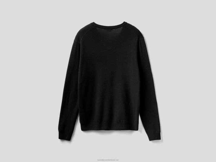 Heren Benetton zwarte trui met v-hals van zuivere merinowol zwart 4R621175