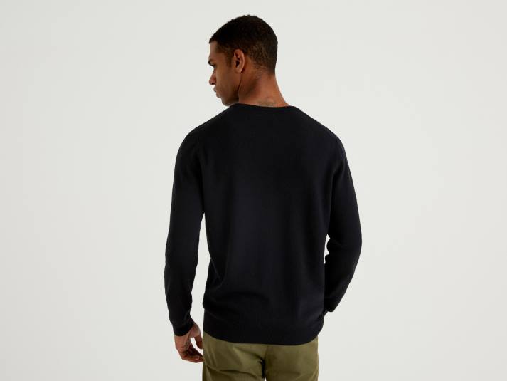 Heren Benetton zwarte trui met v-hals van zuivere merinowol zwart 4R626038