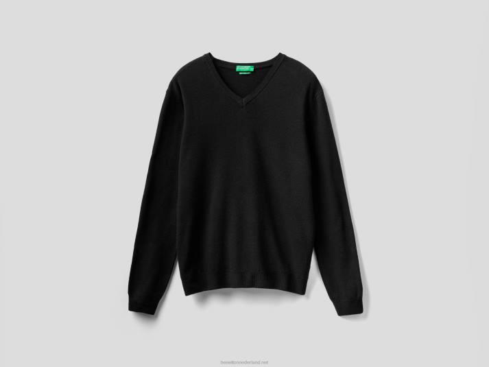Heren Benetton zwarte trui met v-hals van zuivere merinowol zwart 4R626038