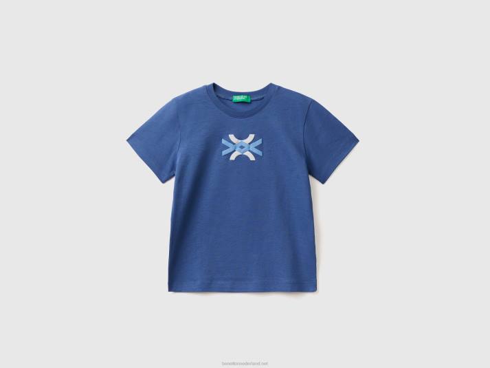 kinderen Benetton T-shirt van 100% biologisch katoen met logo helderblauw 4R622199