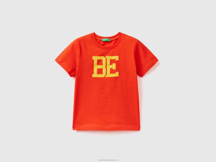 kinderen Benetton T-shirt van 100% biologisch katoen met logo rood koraal 4R622201