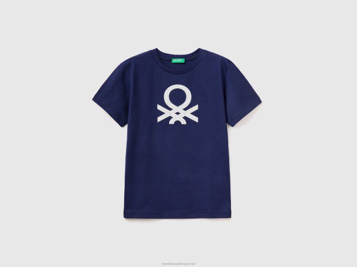 kinderen Benetton T-shirt van 100% biologisch katoen met logo donkerblauw 4R621734