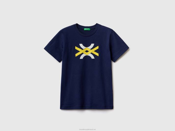 kinderen Benetton T-shirt van 100% biologisch katoen met logo donkerblauw 4R621737