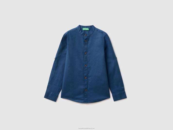 kinderen Benetton overhemd met mandarijnkraag in linnenmix blauw 4R621702