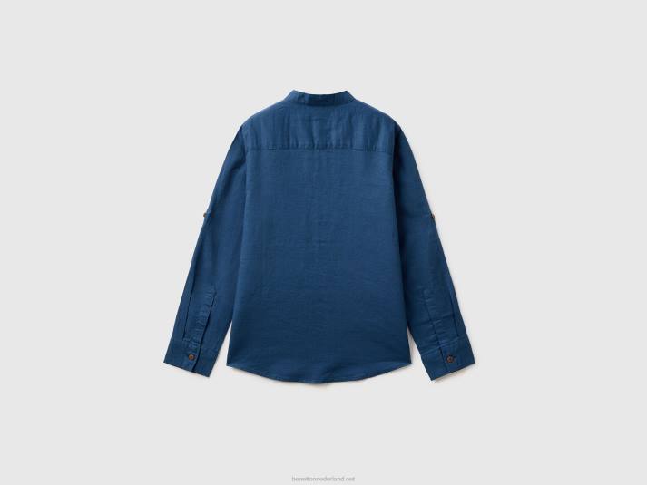 kinderen Benetton overhemd met mandarijnkraag in linnenmix blauw 4R621702