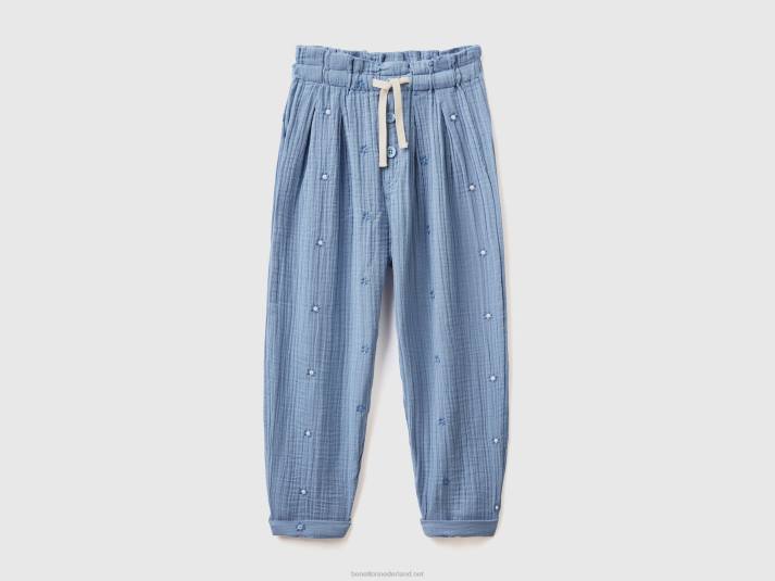 kinderen Benetton paperbag broek met geborduurde bloemen luchtmacht blauw 4R622665