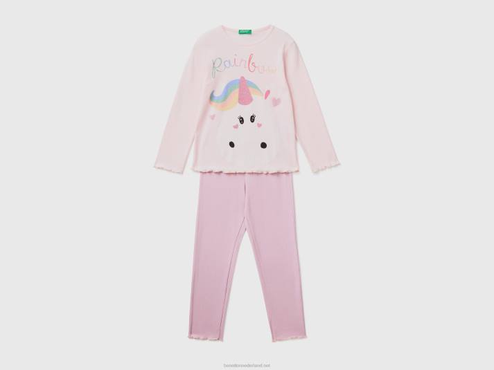 kinderen Benetton pyjama van langvezelig katoen pastelroze 4R622760