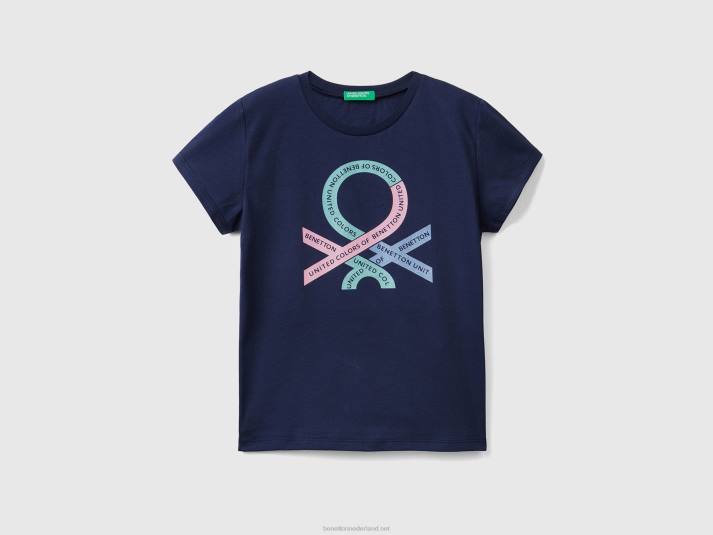 kinderen Benetton T-shirt met glitterlogo van biologisch katoen donkerblauw 4R625304