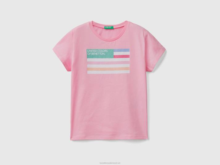 kinderen Benetton T-shirt met glitterlogo van biologisch katoen roze 4R622502