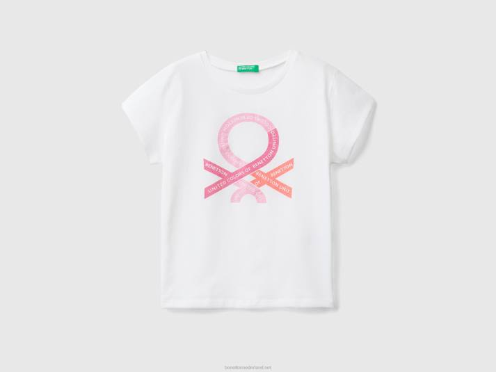 kinderen Benetton T-shirt met glitterlogo van biologisch katoen wit 4R625251