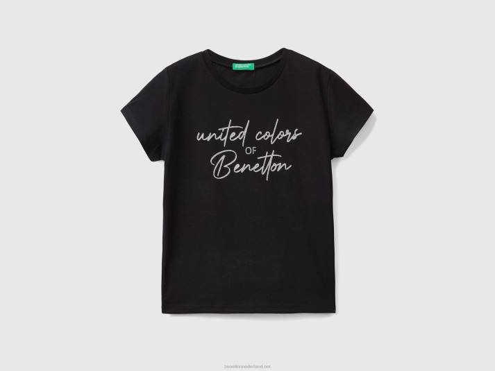 kinderen Benetton T-shirt met glitterlogo van biologisch katoen zwart 4R625213