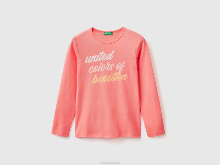 kinderen Benetton T-shirt met lange mouwen en glitterprint oranje koraal 4R622448