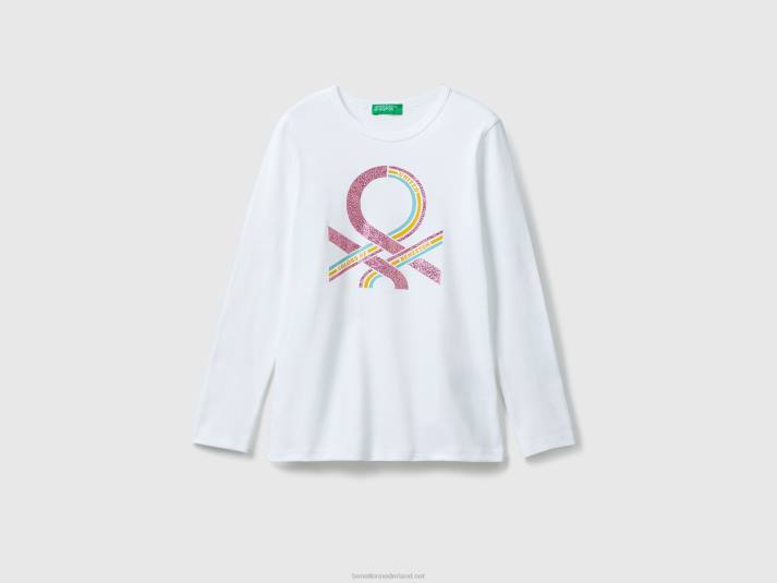 kinderen Benetton T-shirt met lange mouwen en glitterprint wit 4R625234