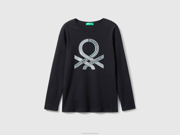 kinderen Benetton T-shirt met lange mouwen en glitterprint zwart 4R622450
