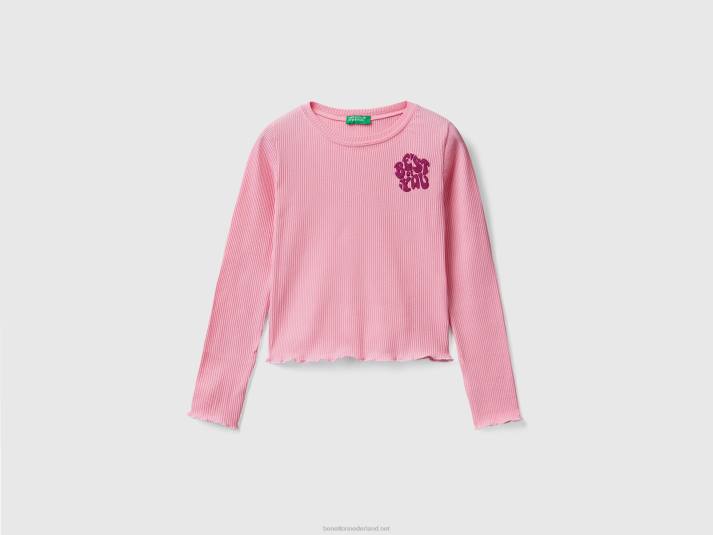 kinderen Benetton geribbeld t-shirt met borduursel roze 4R625235