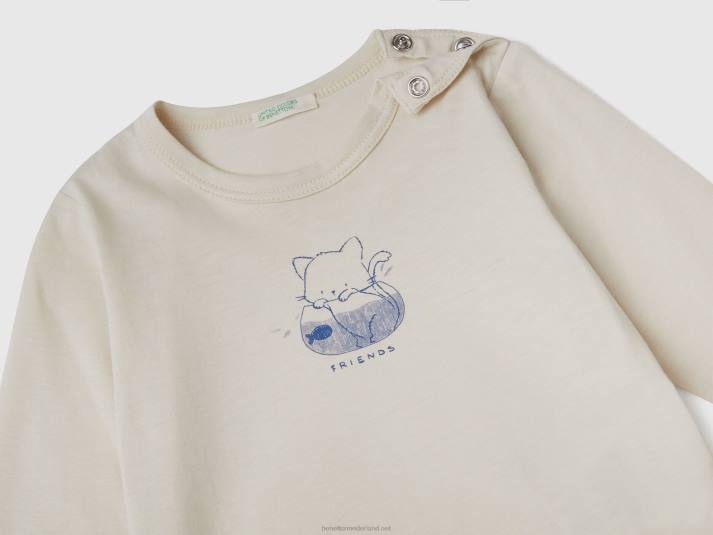 kinderen Benetton T-shirt met lange mouwen van biologisch katoen vanille 4R625790