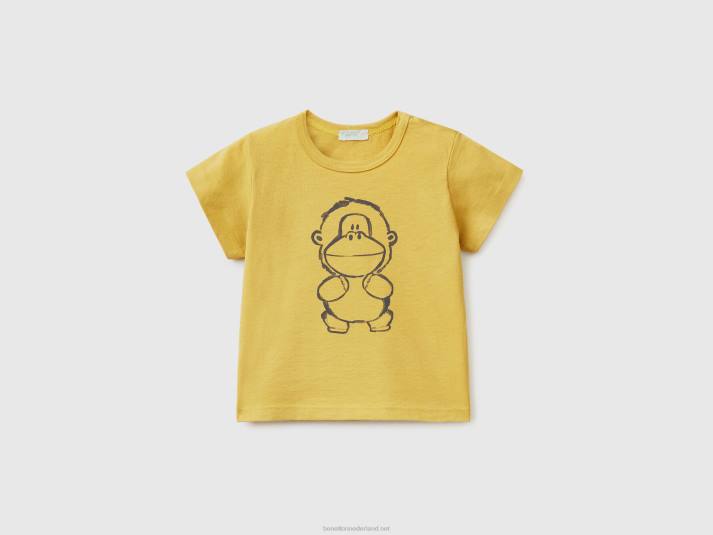 kinderen Benetton t-shirt met print van biologisch katoen mosterd 4R625844