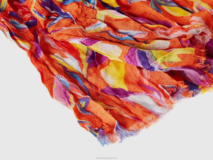 vrouwen Benetton Gedessineerde sjaal van duurzame viscose oranje 4R62825