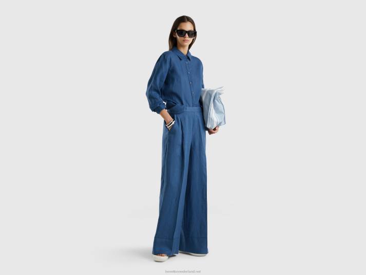 vrouwen Benetton palazzobroek van 100% linnen blauw 4R62636