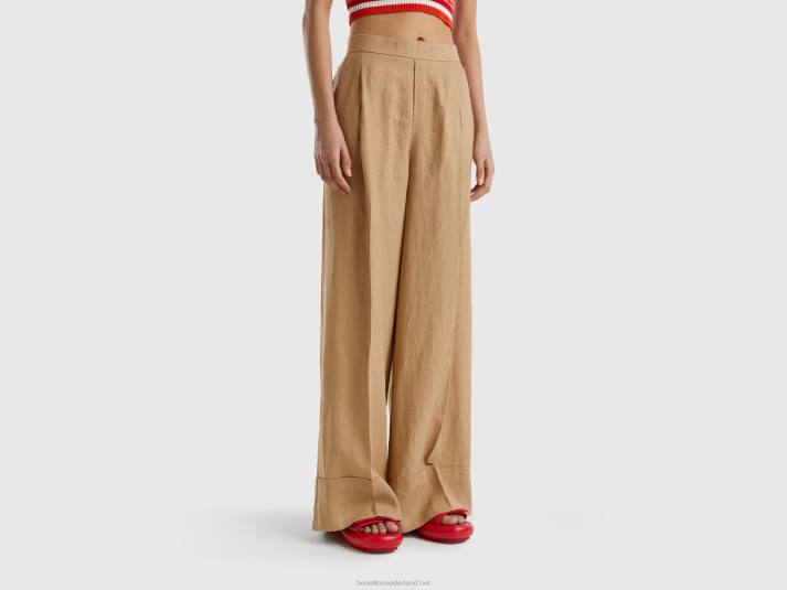 vrouwen Benetton palazzobroek van 100% linnen kameel 4R624049