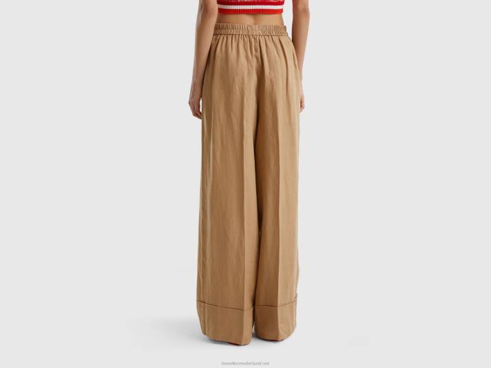 vrouwen Benetton palazzobroek van 100% linnen kameel 4R62594