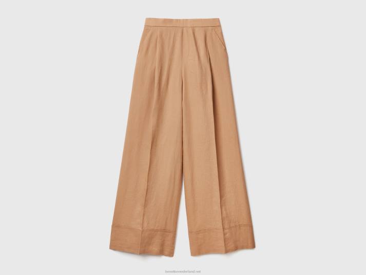 vrouwen Benetton palazzobroek van 100% linnen kameel 4R62594