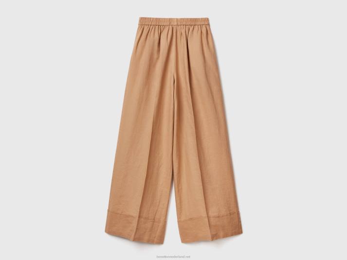 vrouwen Benetton palazzobroek van 100% linnen kameel 4R62594
