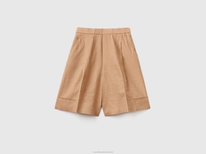 vrouwen Benetton 100% linnen bermuda's met manchetten kameel 4R62577