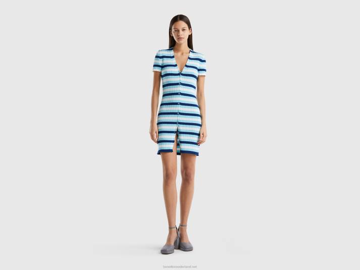 vrouwen Benetton korte gestreepte jurk met knopen lichtblauw 4R624011